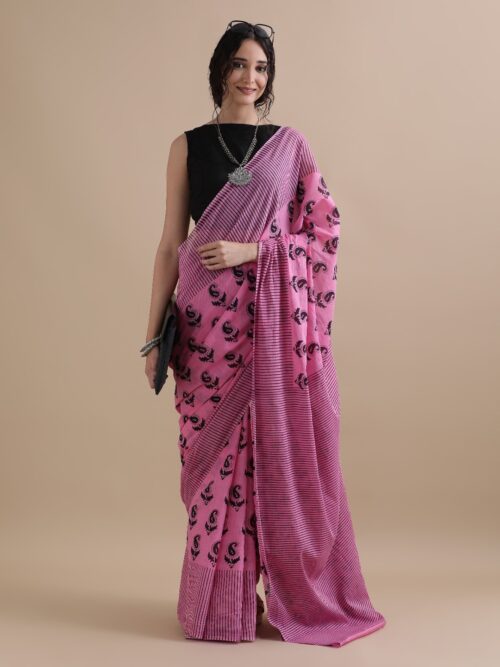 Gulabi-Hand Printed Mul Cotton Sarees