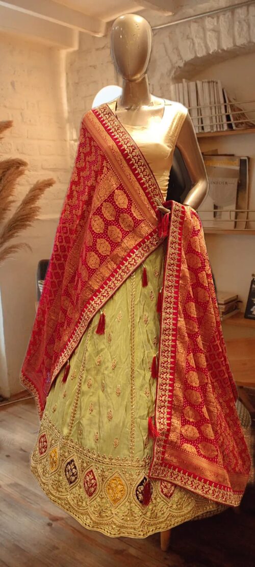 Royal Olive Brocade Silk Lehenga Set