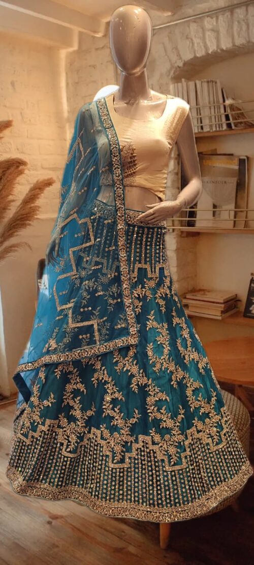 Royal Teal Embroidered Net Lehenga