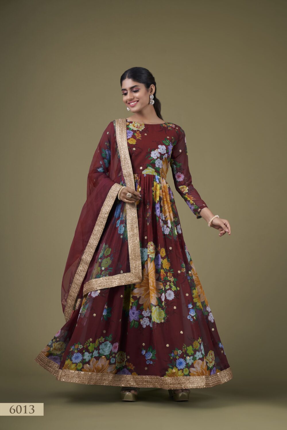 Maroon Floral Anarkali Gown