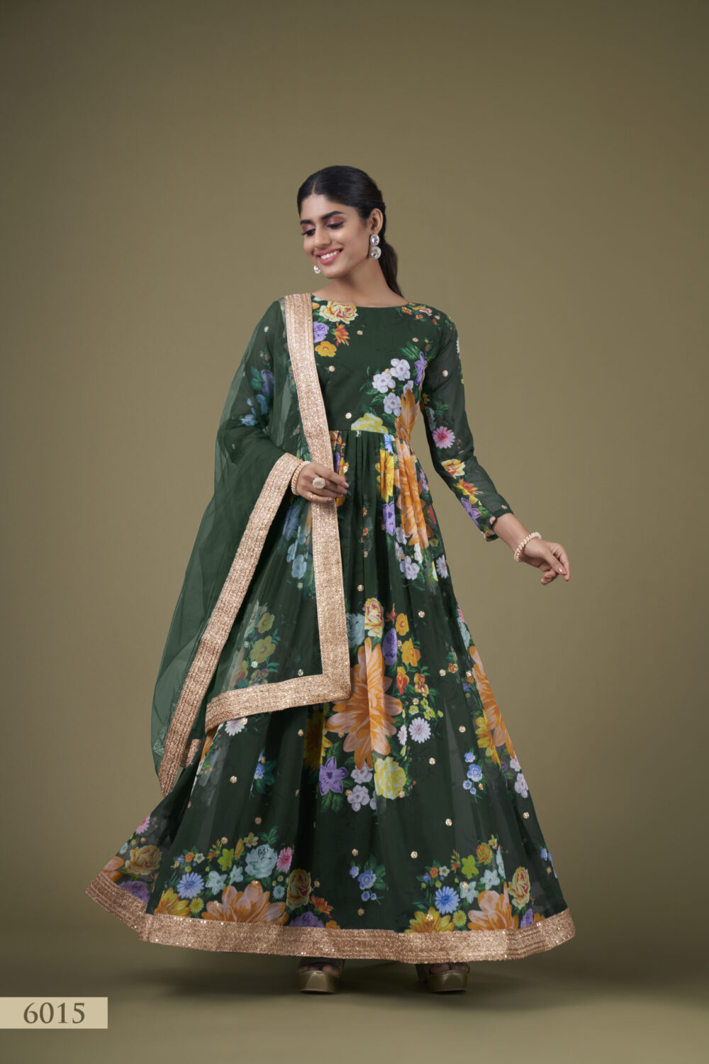Green Floral Anarkali Gown