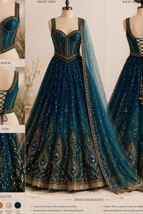 Royal Peacock Blue Ombre Bridal Lehenga with Corset Blouse Net Dupatta