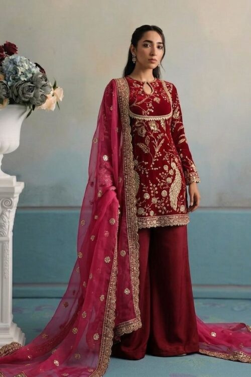 Ruby Red Peacock Embroidered Sharara Set with Organza Dupatta