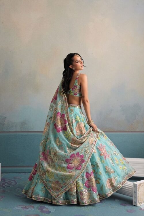 Aqua Bloom Hand Embroidered Floral Organza Lehenga Set