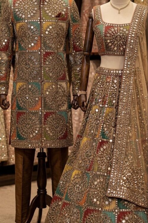 Royal Multicolor Mirror Work Bridal Lehenga Set with Matching Groom Sherwani
